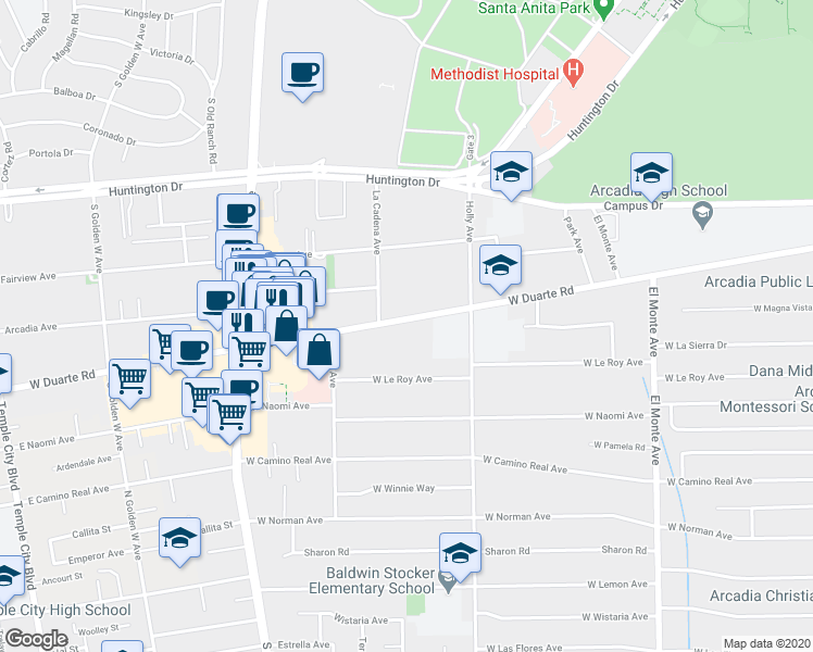 map of restaurants, bars, coffee shops, grocery stores, and more near 456 West Duarte Road in Arcadia