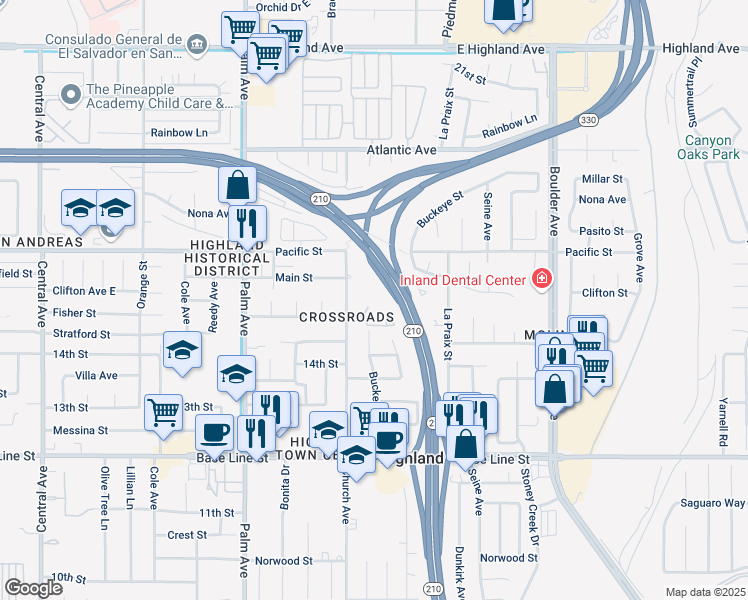 map of restaurants, bars, coffee shops, grocery stores, and more near 7001 Church Avenue in Highland