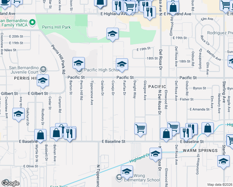 map of restaurants, bars, coffee shops, grocery stores, and more near 7010 Fairfax Drive in San Bernardino