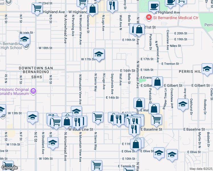 map of restaurants, bars, coffee shops, grocery stores, and more near 1455 North Lugo Avenue in San Bernardino
