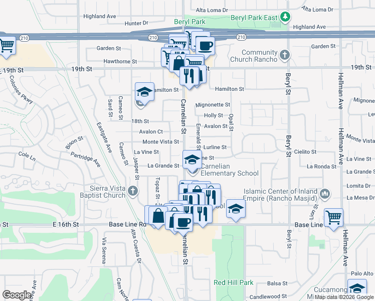 map of restaurants, bars, coffee shops, grocery stores, and more near 8715 Lurline Street in Rancho Cucamonga