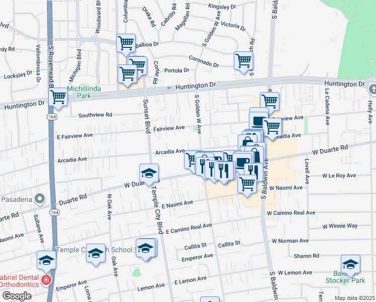 map of restaurants, bars, coffee shops, grocery stores, and more near 942 Arcadia Avenue in Arcadia