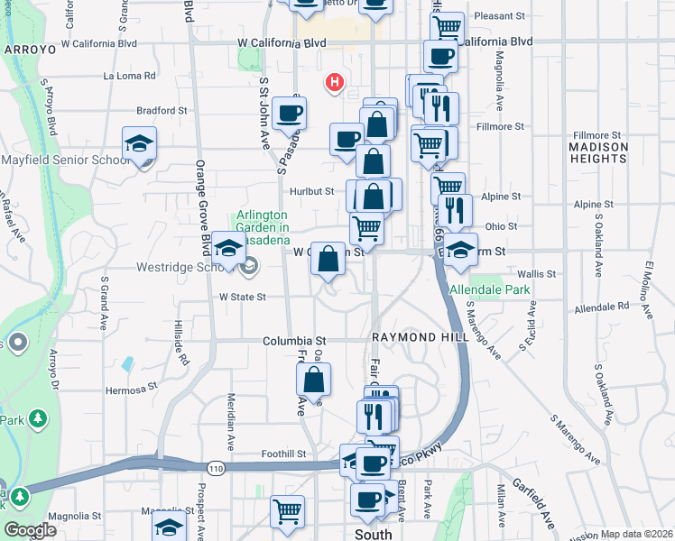 map of restaurants, bars, coffee shops, grocery stores, and more near 70 Grace Terrace in Pasadena