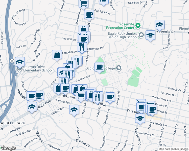 map of restaurants, bars, coffee shops, grocery stores, and more near 1623 Campus Road in Los Angeles