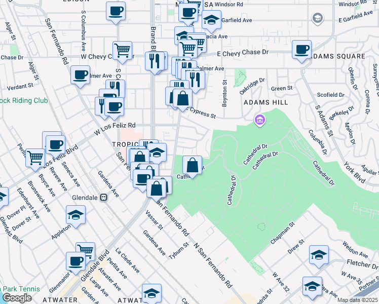 map of restaurants, bars, coffee shops, grocery stores, and more near in Glendale