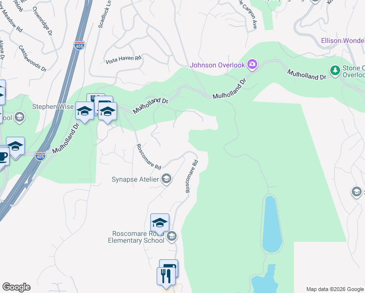 map of restaurants, bars, coffee shops, grocery stores, and more near 2640 Roscomare Road in Los Angeles