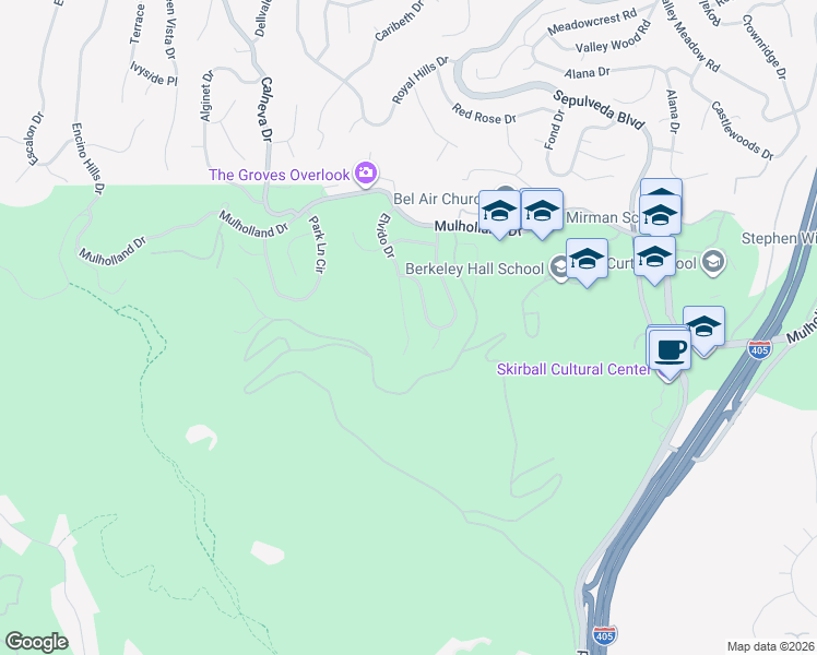 map of restaurants, bars, coffee shops, grocery stores, and more near 2927 Elvido Drive in Los Angeles