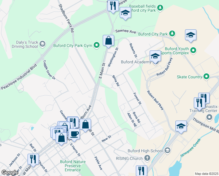 map of restaurants, bars, coffee shops, grocery stores, and more near 100 Wiley Drive in Buford