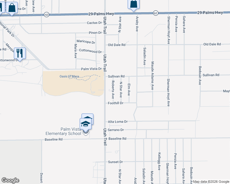 map of restaurants, bars, coffee shops, grocery stores, and more near 7001 Roberts Avenue in Twentynine Palms