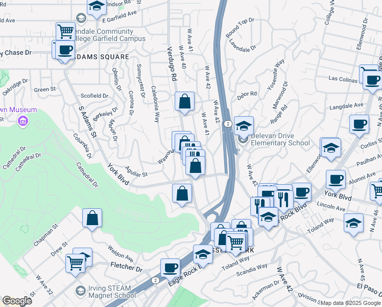 map of restaurants, bars, coffee shops, grocery stores, and more near 4160 Verdugo Road in Los Angeles