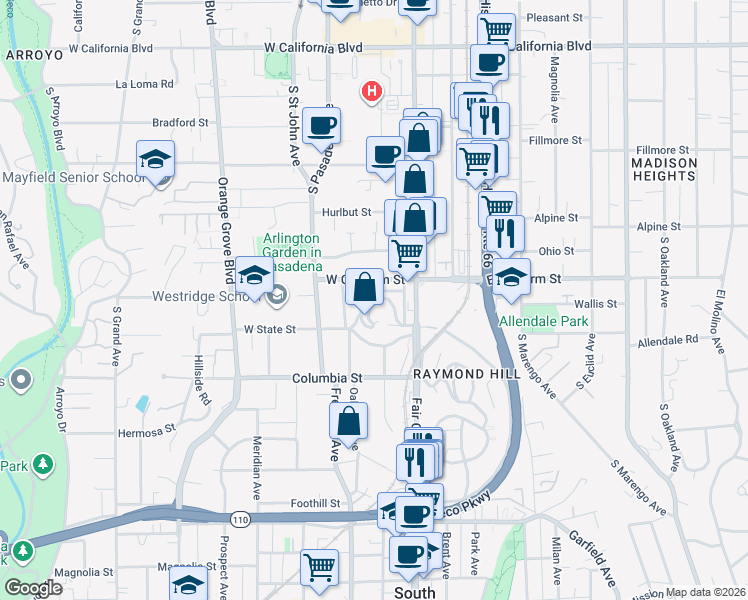map of restaurants, bars, coffee shops, grocery stores, and more near 70 Grace Terrace in Pasadena
