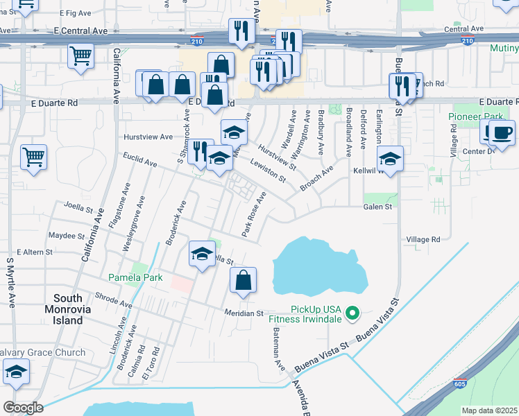 map of restaurants, bars, coffee shops, grocery stores, and more near 1980 Park Rose Avenue in Duarte