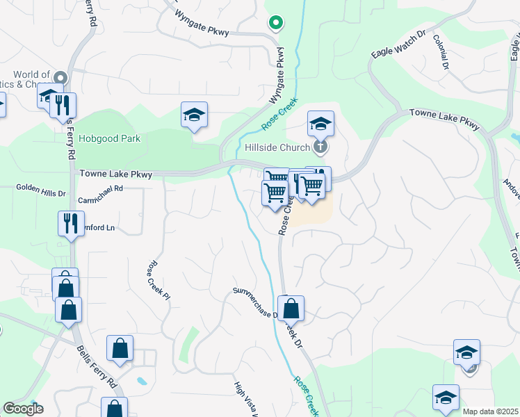 map of restaurants, bars, coffee shops, grocery stores, and more near 203 Park Place in Woodstock