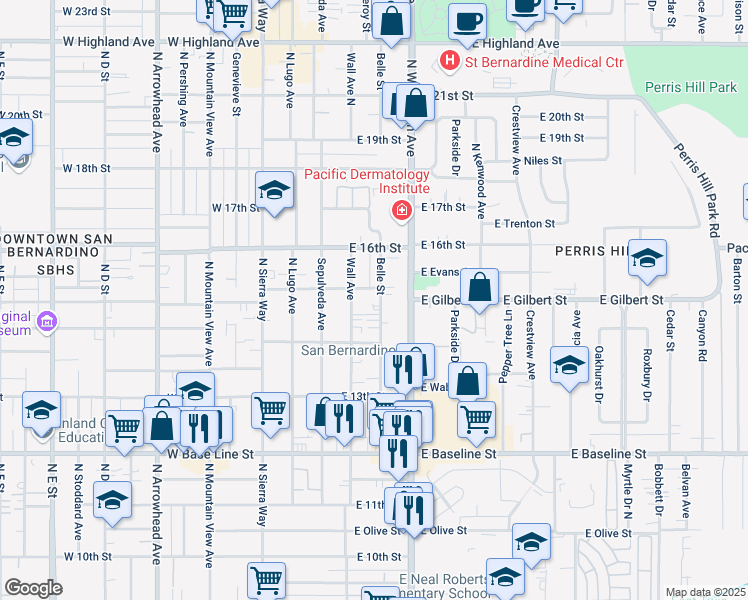 map of restaurants, bars, coffee shops, grocery stores, and more near 1498 Belle Street in San Bernardino