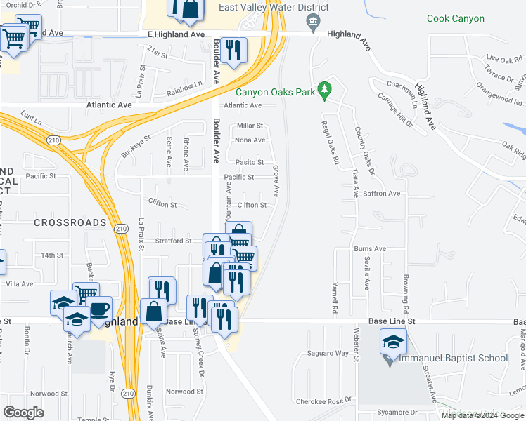 map of restaurants, bars, coffee shops, grocery stores, and more near 28037 Clifton Street in Highland