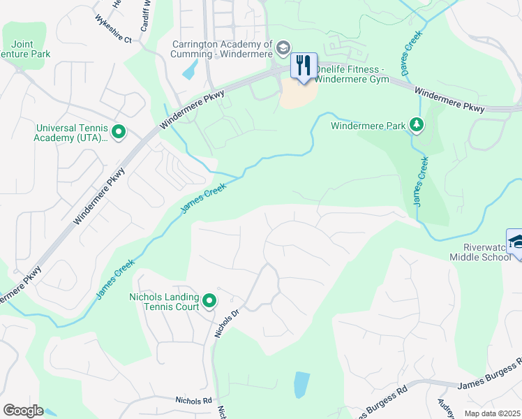 map of restaurants, bars, coffee shops, grocery stores, and more near 965 Tree Top Drive in Suwanee