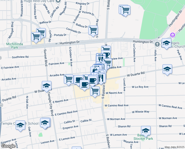 map of restaurants, bars, coffee shops, grocery stores, and more near 800 Arcadia Avenue in Arcadia