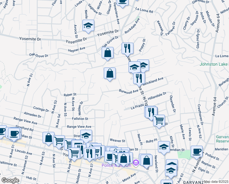 map of restaurants, bars, coffee shops, grocery stores, and more near 5850 Burwood Avenue in Los Angeles