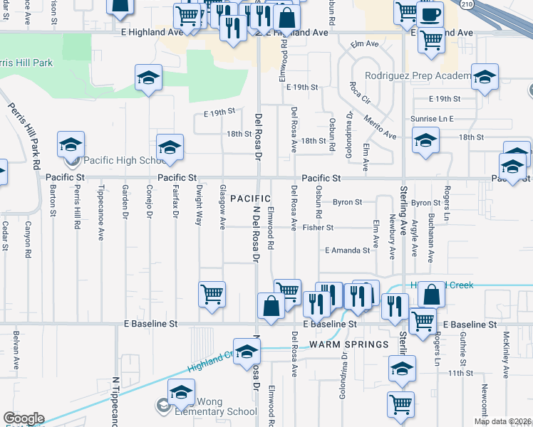 map of restaurants, bars, coffee shops, grocery stores, and more near 6994 Elmwood Road in San Bernardino