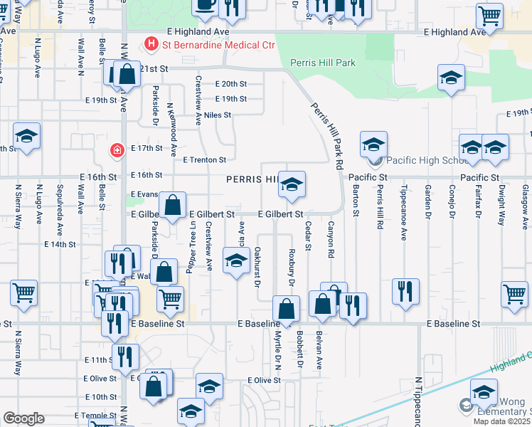 map of restaurants, bars, coffee shops, grocery stores, and more near 780 East Gilbert Street in San Bernardino