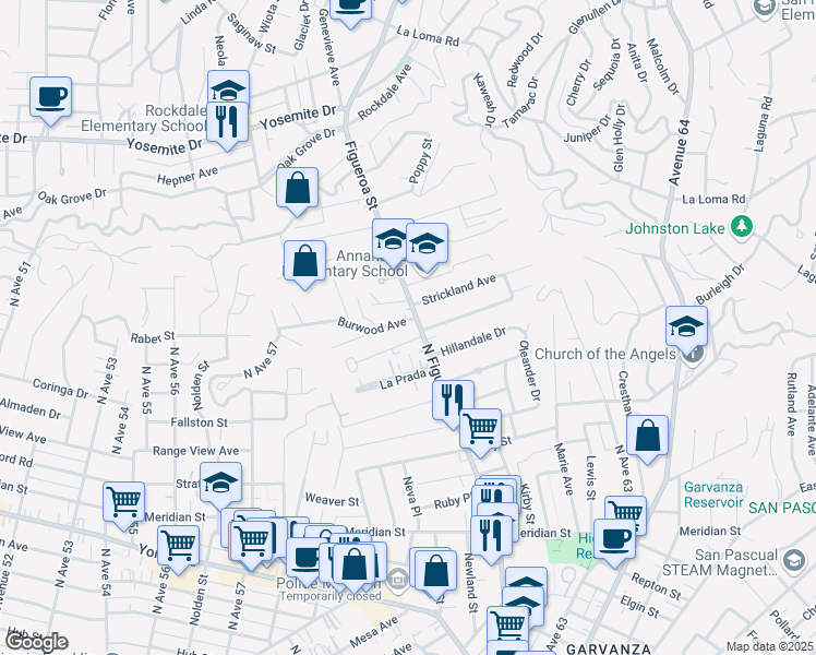 map of restaurants, bars, coffee shops, grocery stores, and more near 6044 Burwood Avenue in Los Angeles