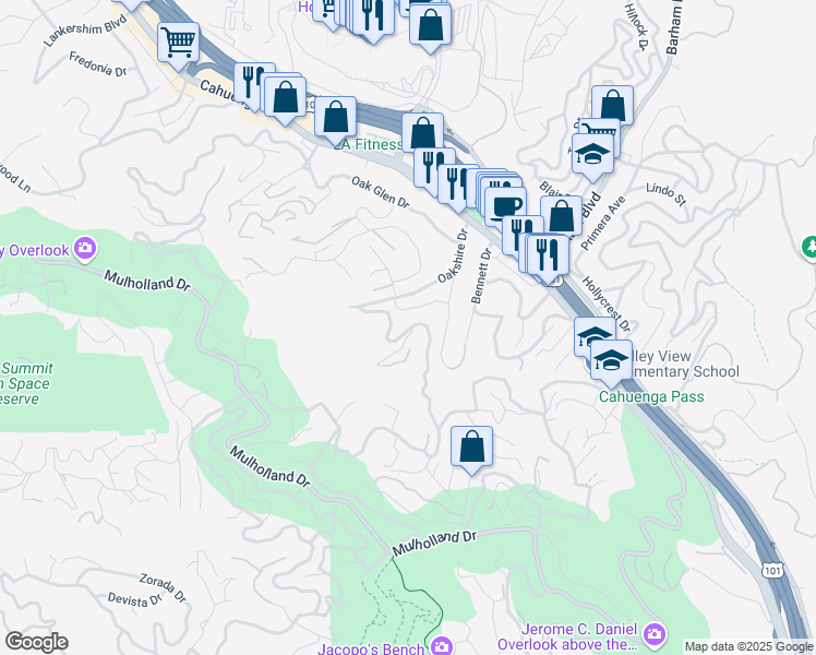 map of restaurants, bars, coffee shops, grocery stores, and more near 3048 Passmore Drive in Los Angeles