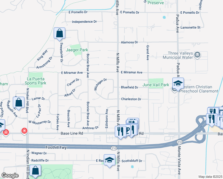 map of restaurants, bars, coffee shops, grocery stores, and more near 2369 Ohio Drive in Claremont