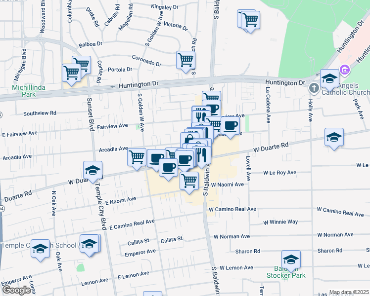map of restaurants, bars, coffee shops, grocery stores, and more near 750 Arcadia Avenue in Arcadia