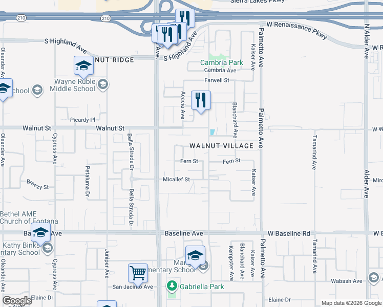 map of restaurants, bars, coffee shops, grocery stores, and more near 17012 Fern Street in Fontana