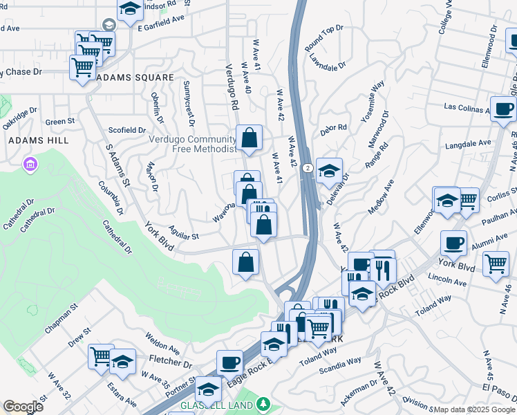 map of restaurants, bars, coffee shops, grocery stores, and more near 4160 Verdugo Road in Los Angeles