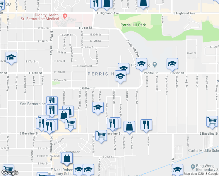 map of restaurants, bars, coffee shops, grocery stores, and more near 780 East Gilbert Street in San Bernardino