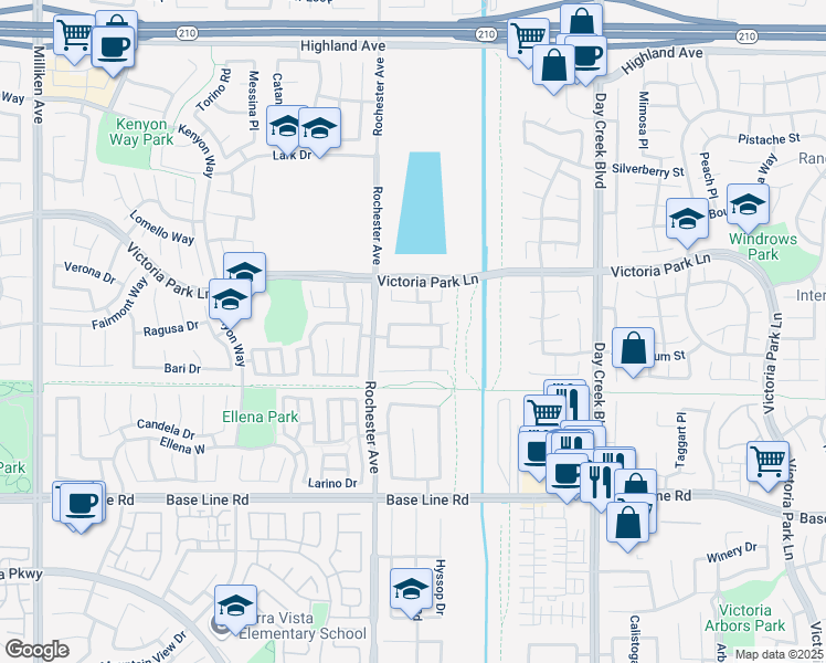 map of restaurants, bars, coffee shops, grocery stores, and more near 11947 Hunnicutt Drive in Rancho Cucamonga