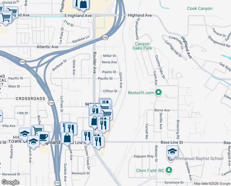 map of restaurants, bars, coffee shops, grocery stores, and more near 28037 Clifton Street in Highland