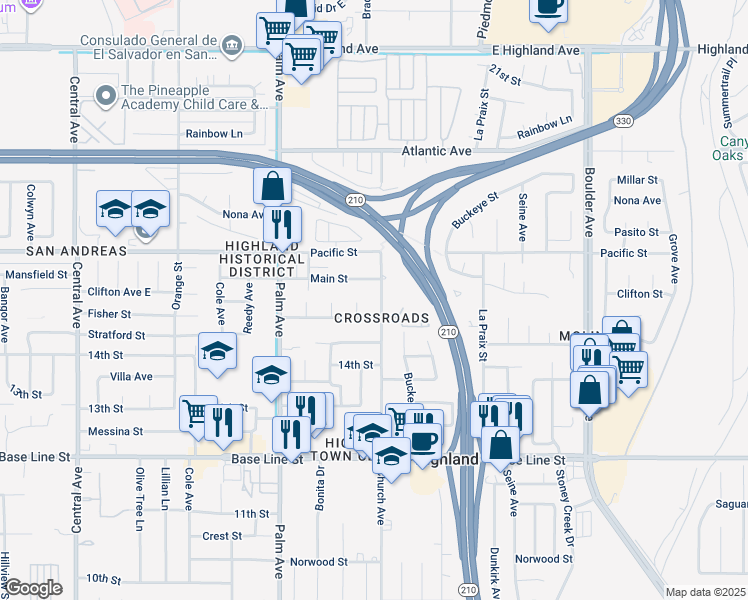 map of restaurants, bars, coffee shops, grocery stores, and more near 6986 Church Avenue in Highland