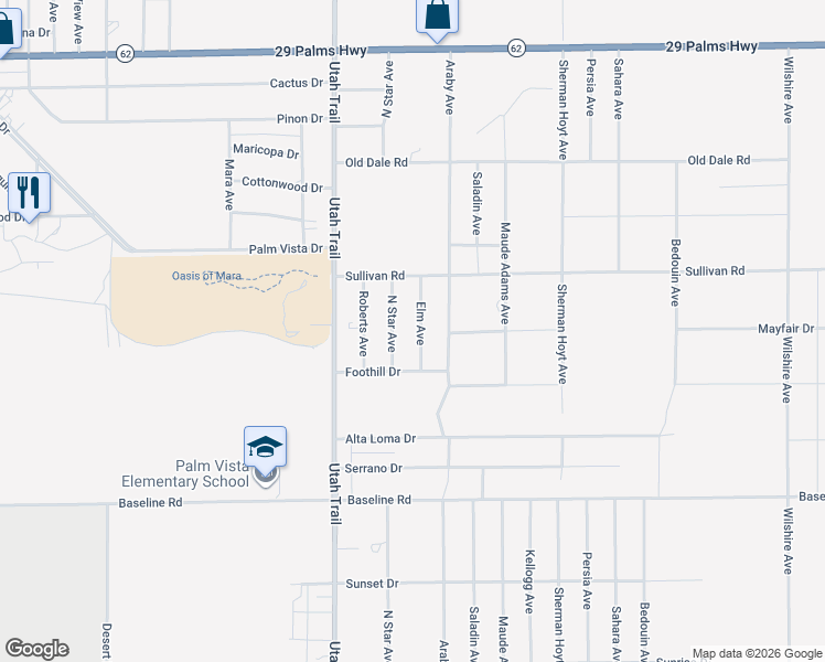 map of restaurants, bars, coffee shops, grocery stores, and more near 6996 Elm Avenue in Twentynine Palms