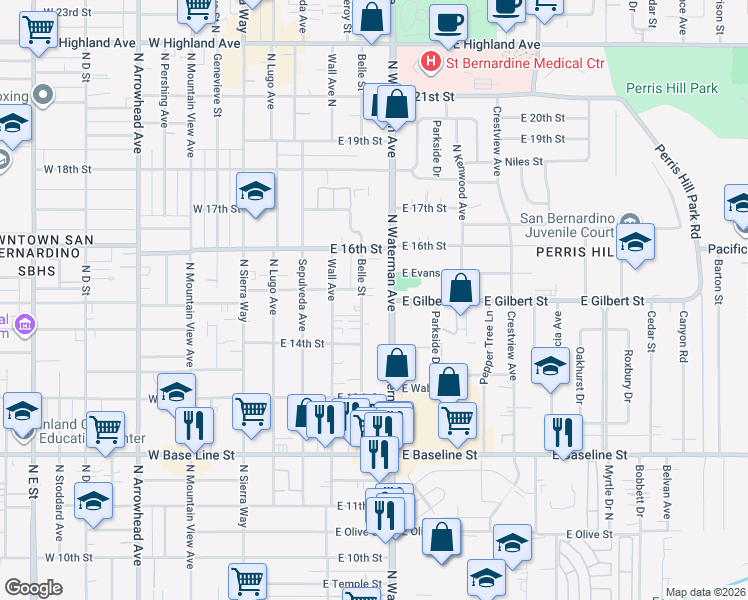 map of restaurants, bars, coffee shops, grocery stores, and more near 1487 Belle Street in San Bernardino
