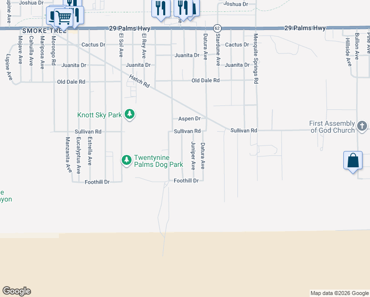 map of restaurants, bars, coffee shops, grocery stores, and more near 6965 49 Palms Avenue in Twentynine Palms