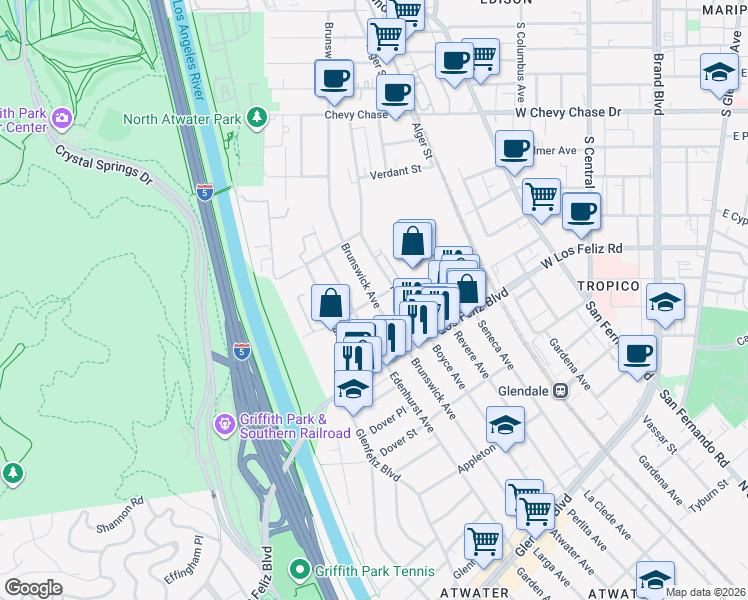 map of restaurants, bars, coffee shops, grocery stores, and more near Brunswick Avenue in Los Angeles