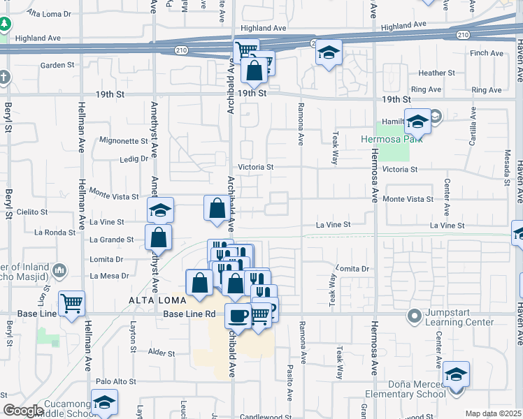 map of restaurants, bars, coffee shops, grocery stores, and more near 7018 Princeton Place in Rancho Cucamonga