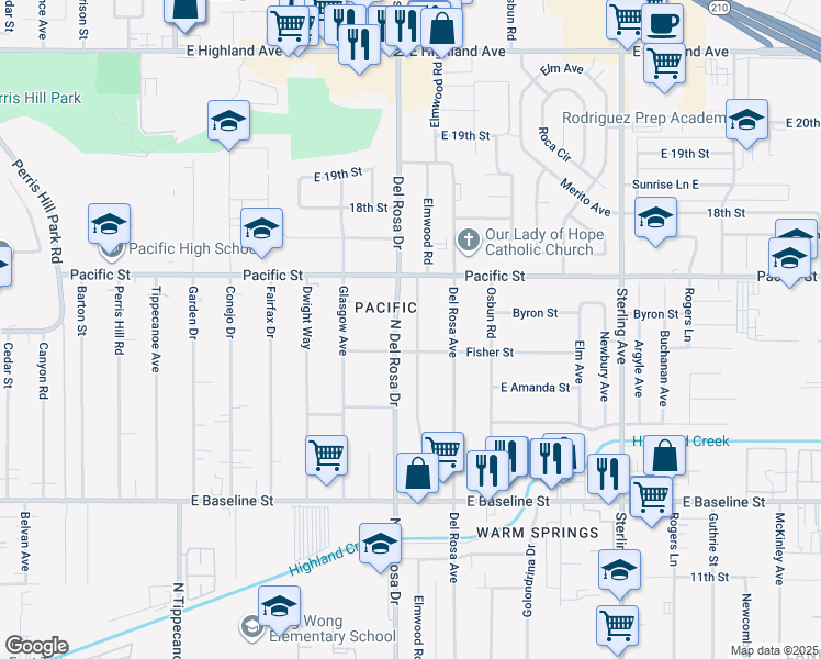 map of restaurants, bars, coffee shops, grocery stores, and more near 6994 Elmwood Road in San Bernardino