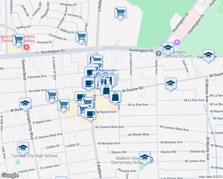 map of restaurants, bars, coffee shops, grocery stores, and more near 627 West Duarte Road in Arcadia
