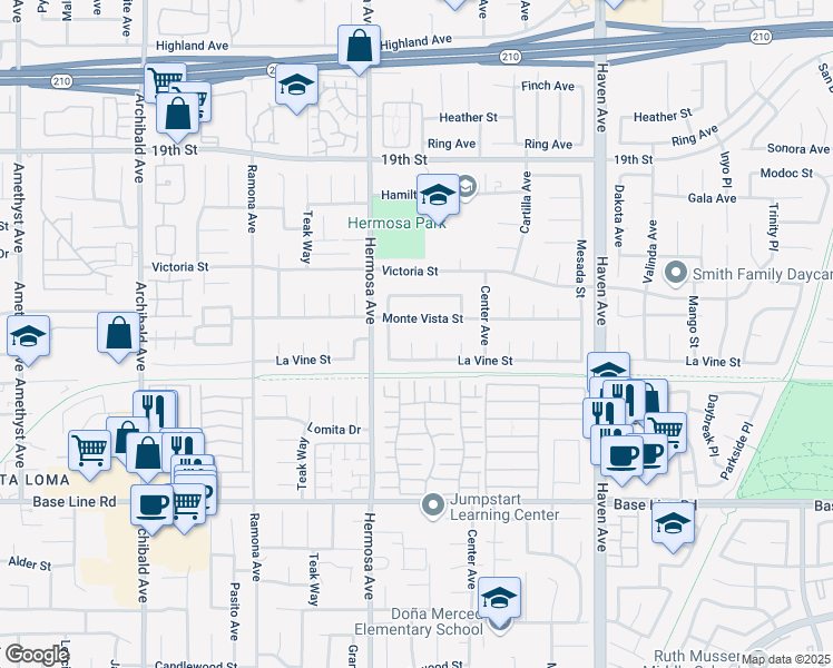 map of restaurants, bars, coffee shops, grocery stores, and more near 7040 Malvern Avenue in Rancho Cucamonga