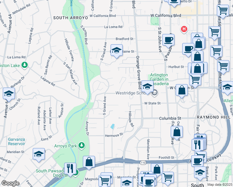 map of restaurants, bars, coffee shops, grocery stores, and more near 522 Madeline Drive in Pasadena