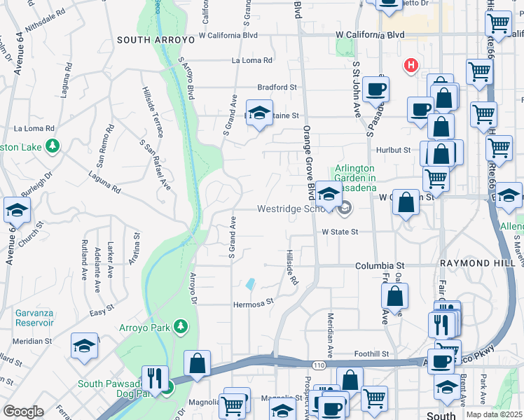 map of restaurants, bars, coffee shops, grocery stores, and more near 522 Madeline Drive in Pasadena