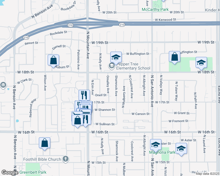 map of restaurants, bars, coffee shops, grocery stores, and more near 1748 Omalley Avenue in Upland