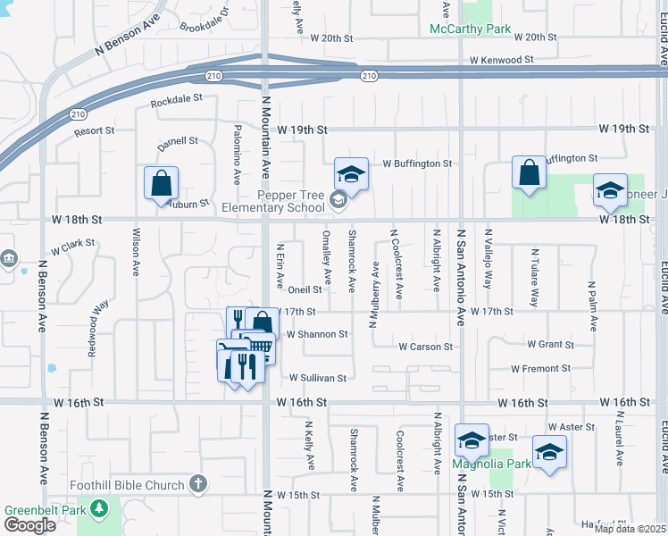 map of restaurants, bars, coffee shops, grocery stores, and more near 1748 Omalley Avenue in Upland