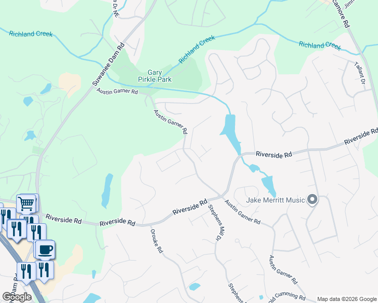 map of restaurants, bars, coffee shops, grocery stores, and more near 588 Austin Creek Drive in Buford
