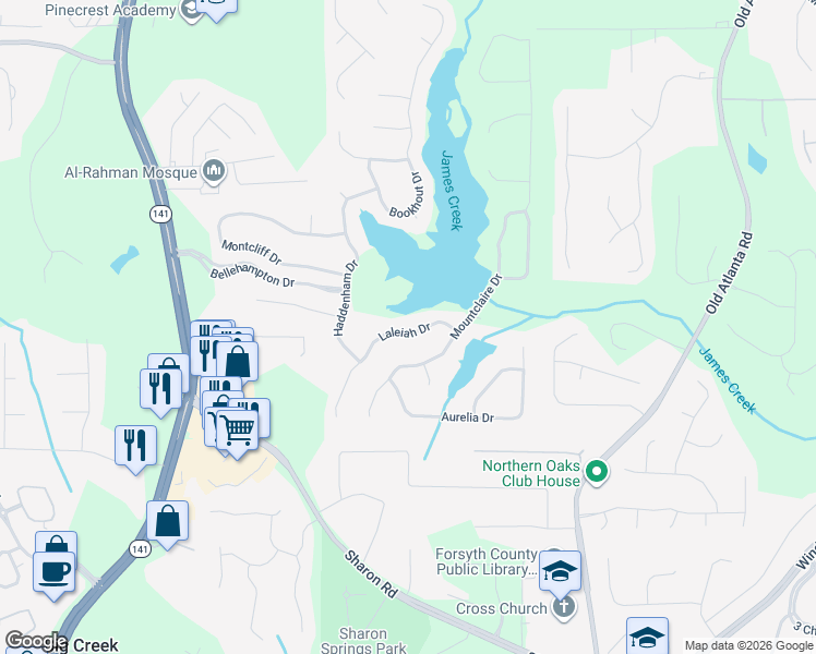 map of restaurants, bars, coffee shops, grocery stores, and more near 1480 Laleiah Drive in Cumming