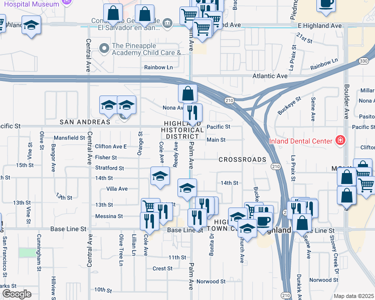 map of restaurants, bars, coffee shops, grocery stores, and more near 27320 Fisher Street in Highland