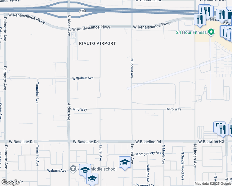 map of restaurants, bars, coffee shops, grocery stores, and more near 1960 Miro Way in Rialto